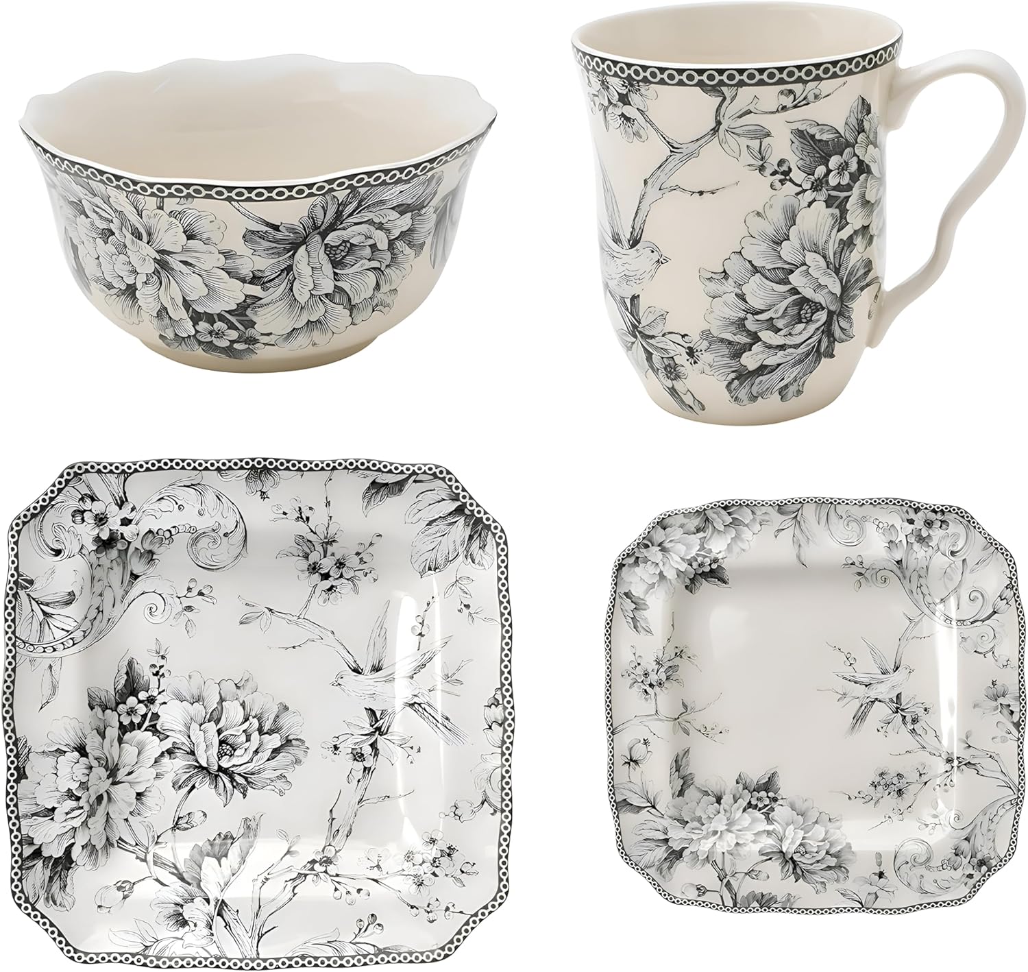 222 Fifth Adelaide Grey 16-Piece Floral Porcelain Dinnerware Set | Microwave and Dishwasher Safe Dining Set for 4 | Stackable and Chip-Resistant Plates Bowls and Cups | Gift for Housewarming & Wedding