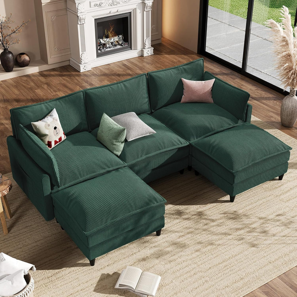 Apicizon 108" Cloud Couch Sectional, 3-Seat Deep Cloud Sofa with Ottoman, Modern U Shape Sectional Sofa Corduroy for Living Room, Apartment, Office, Green
