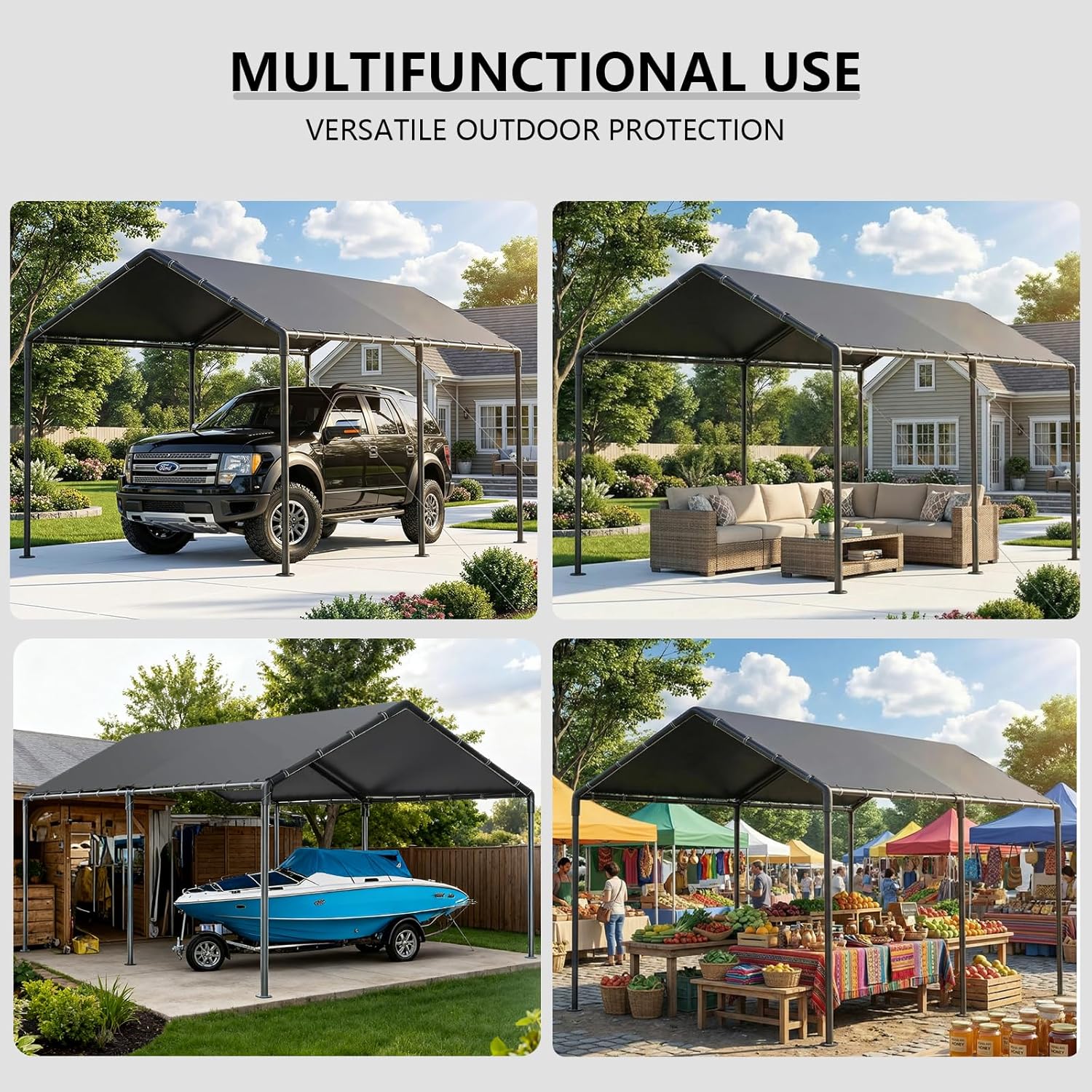 10x20ft Heavy Duty Carport Canopy, Portable Outdoor Garage Shelter, Waterproof UV Protected All Season Car Tent for Auto, Truck, SUV, Boat, Grey
