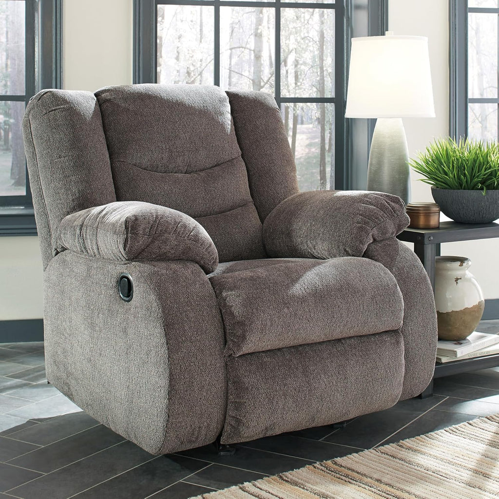 Signature Design by Ashley Tulen Contemporary Rocker Recliner, Gentle Rocking Motion, Pull Tab Reclining, Fabric Upholstery, 39" W x 40" D x 40" H, Dark Gray