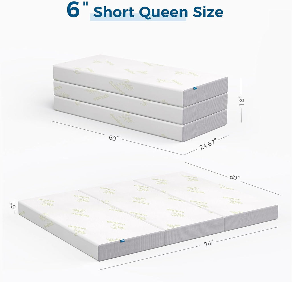 Inofia 6 Inch Folding Mattress, Trifold Memory Foam RV Mattress with Ultra Soft Removable Cover, Foldable & Portable for Camper/Truck/Trailer/Guest Bed, Short Queen Size (74" x 60" x 6")