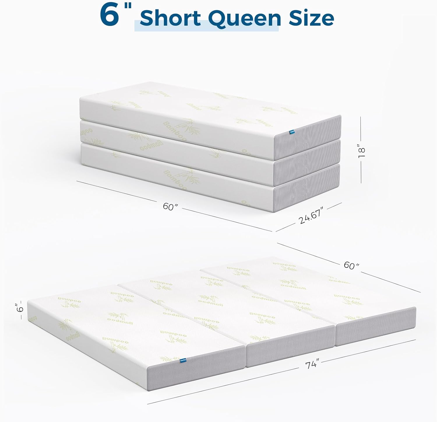 Inofia 6 Inch Folding Mattress, Trifold Memory Foam RV Mattress with Ultra Soft Removable Cover, Foldable & Portable for Camper/Truck/Trailer/Guest Bed, Short Queen Size (74" x 60" x 6")