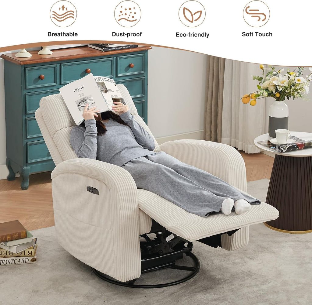 Power Swivel Rocker Recliner Chair for Nursery, Swivel Reclining Rocking Chairs, Electric Swivel Recliner Glider Nursery for Living Room, Upholstered Recliner Chairs for Bedroom, Corduroy White