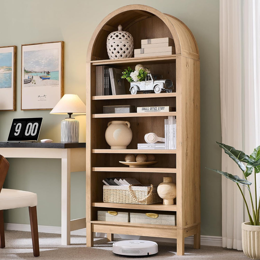 71" Tall Arched Bookshelf Set of 2, 7 Tiers Arch Bookcase with Storage, Modern Farmhouse Book Shelf with Adjustable Shelves, Wood Bookshelf w/Open Display Shelves for Living Room, Office, Natural