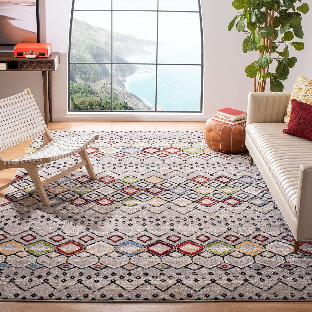 SAFAVIEH Amsterdam Collection Area Rug - 9' x 12', Light Grey & Multi, Moroccan Boho Design, Non-Shedding & Easy Care, Ideal for High Traffic Areas in Living Room, Bedroom (AMS108G)