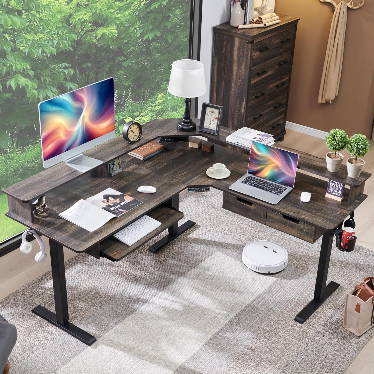 RedLemon L-Shaped Electric Standing Desk, 60 inches Motor Height Adjustable Sit Stand Corner Desk with Led, Large Home Office Desk Computer Workstation, Dark Rustic Oak