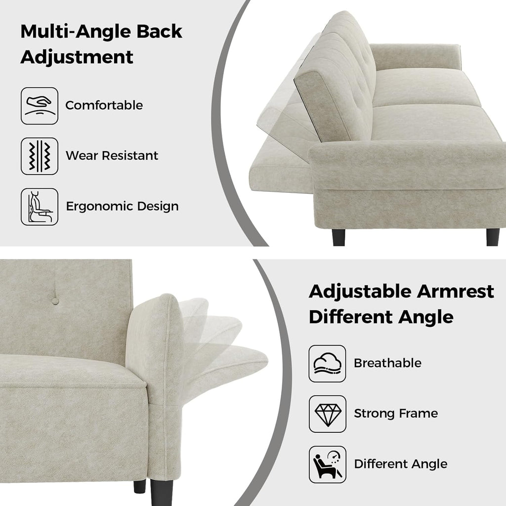 89” Futon Sofa Bed, Comfy Futon Couch Bed with 2 Square Pillows,Convertible Sleeper Sofa with Adjustable Backrest& Armrests, Modern Loveseat Sleeper for Living Room,Velvet Fabric White