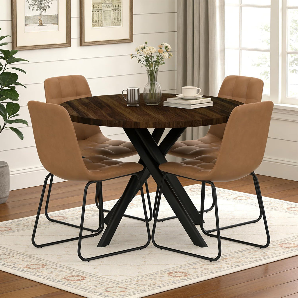 44" Round Dining Table with Cozy Chair Set for 4, Modern Mid-Century Dining Table Set of 4, Dinette Sets with Metal Leg for Kitchen Dining Room Apartment(Walnut Table + Brown Chairs)