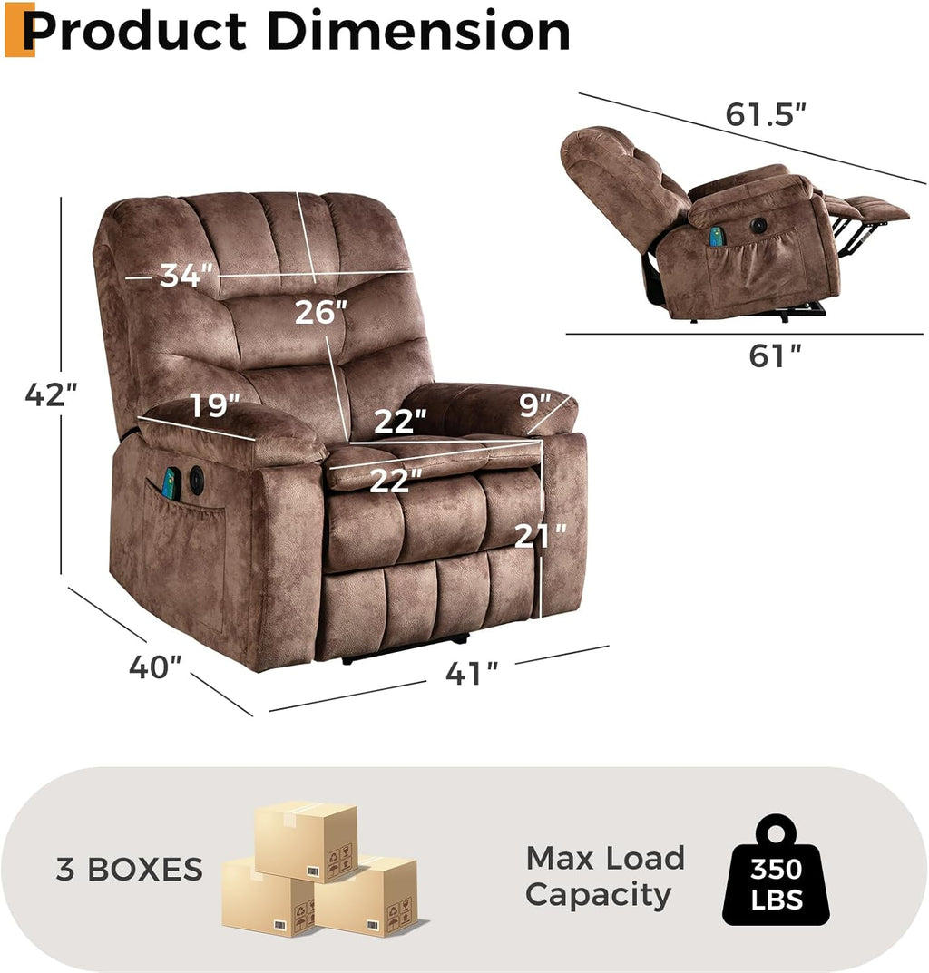 Large Power Lift Recliner with Massage and Heat for Elderly, Heavy Duty & Safety Motion Reclining Mechanism, Ergonomic Electric Wider Chair with USB Port, 2 Hidden Cup Holders (1, Brown)