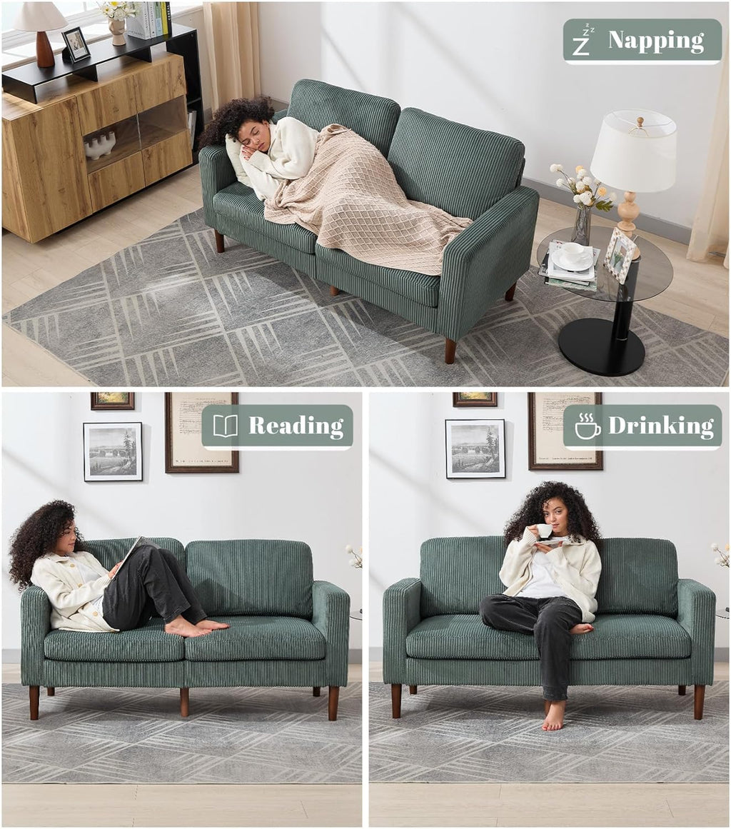 Kingfun 65" Corduroy Loveseat Sofa, Upholstered Sofa with Spring, Modern Sleek Couch for Living Room & Bedroom for Small Spaces, Green