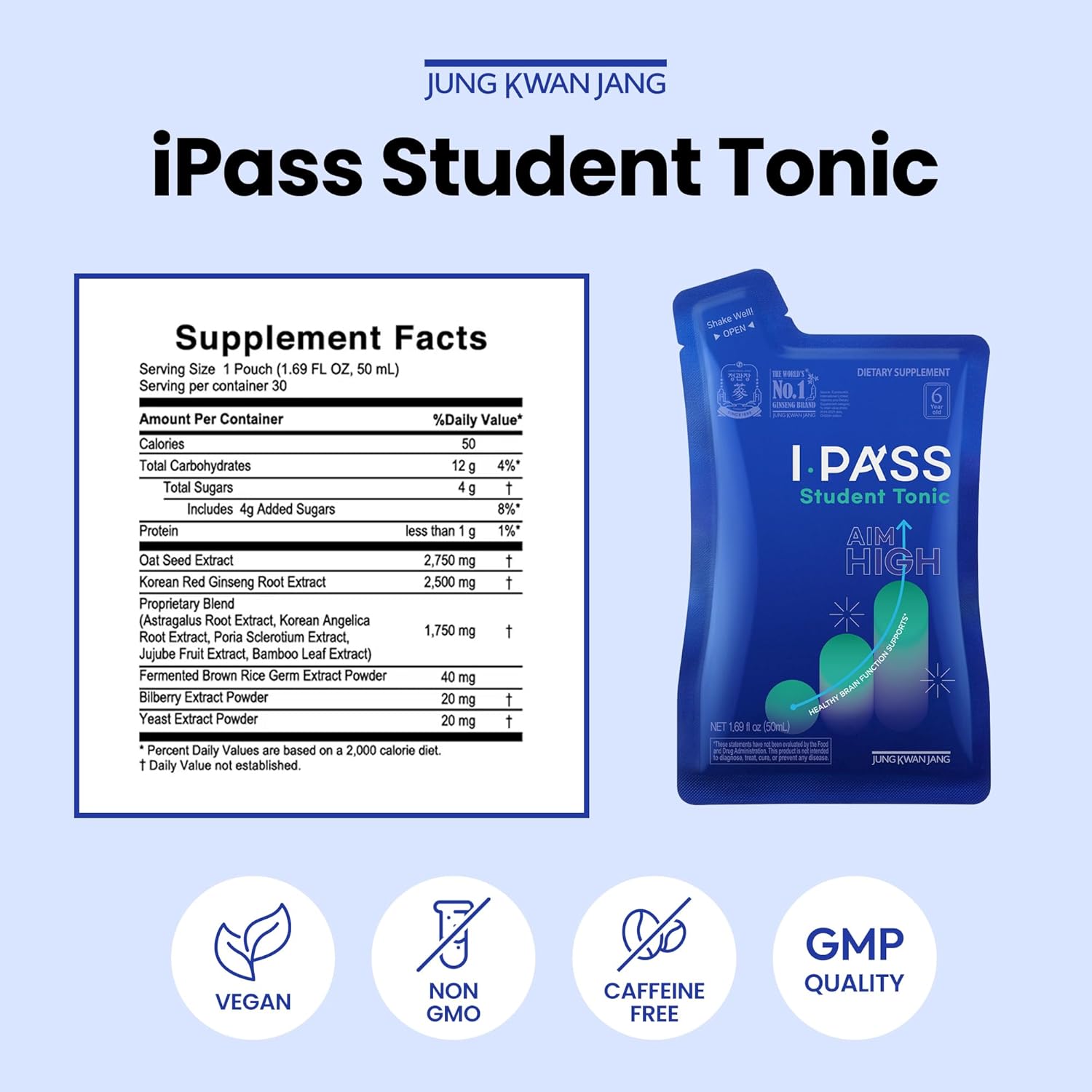 JUNG Kwan Jang iPass Student Tonic - Adaptogen Energy Drink Supplement with Korean Red Ginseng, Jujube, Astragalus & Angelica - Daily Support for School and Activities (30 Pouches, 1.69 fl oz)