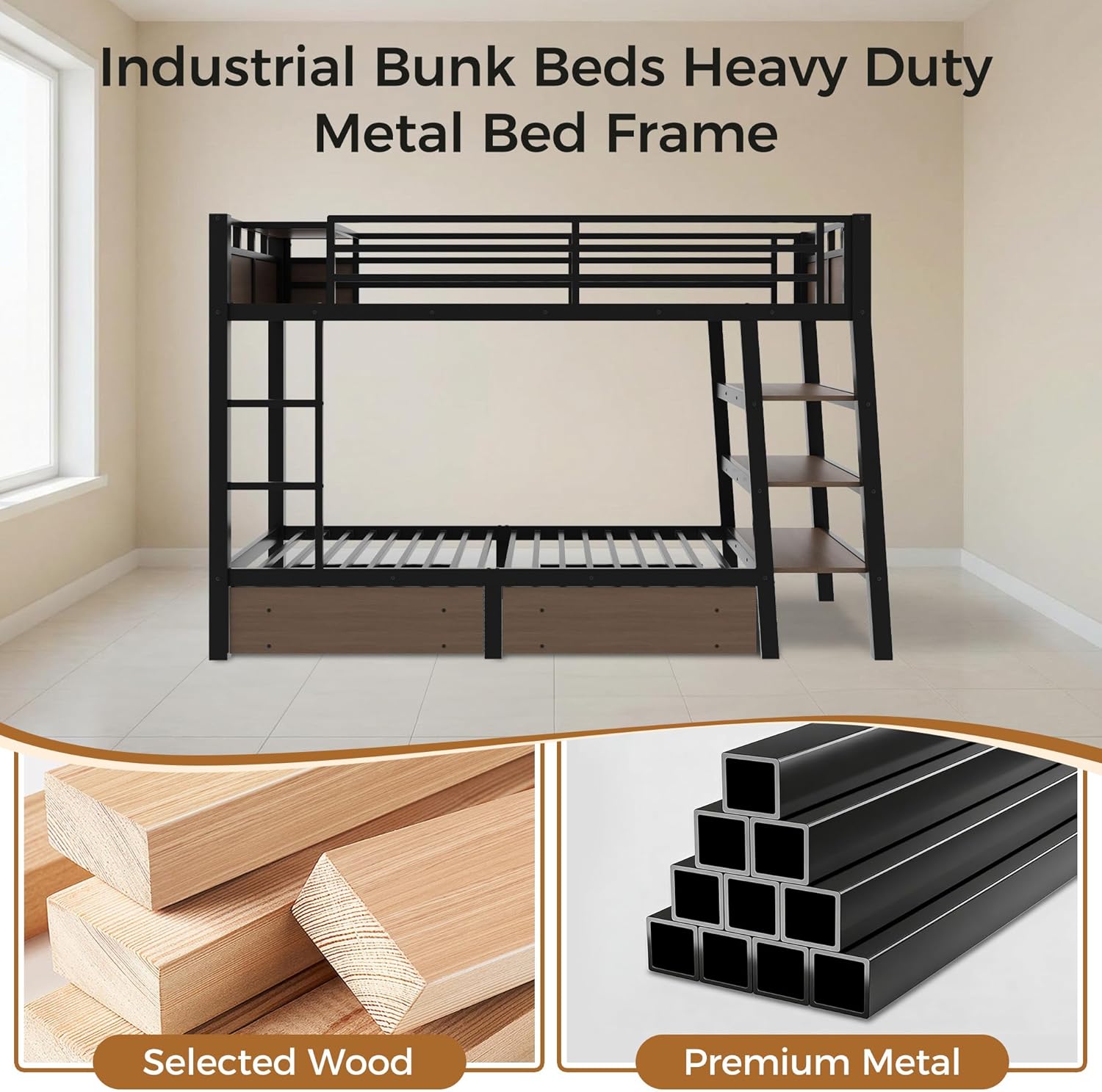 Bunk Bed Twin Over Twin with Stairs, LED Lights, 2 Storage Drawers, USB Charging, Industrial Bunk Beds Heavy Duty Metal Bed Frame with Safety Guardrail, Space Saving, Sturdy Frame for Teen/Adult