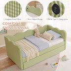 Twin Size Daybed with Pop Up Trundle, Linen Gingham Twin to King Daybed with USB Ports, Upholstered Day Bed Frame, Modern Sofa Bed for Living Room/Bedroom/Guest Room, No Box Spring Needed, Green