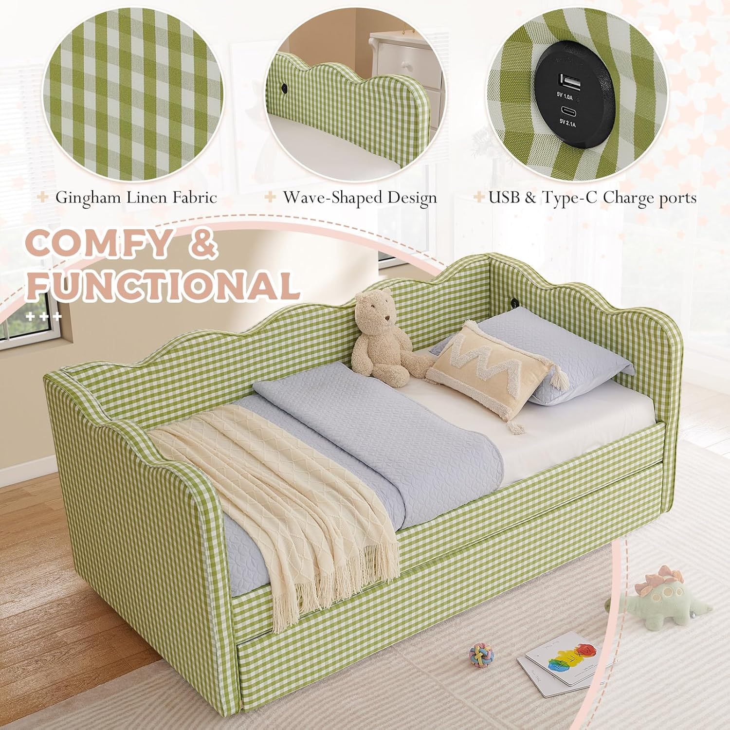 Twin Size Daybed with Pop Up Trundle, Linen Gingham Twin to King Daybed with USB Ports, Upholstered Day Bed Frame, Modern Sofa Bed for Living Room/Bedroom/Guest Room, No Box Spring Needed, Green