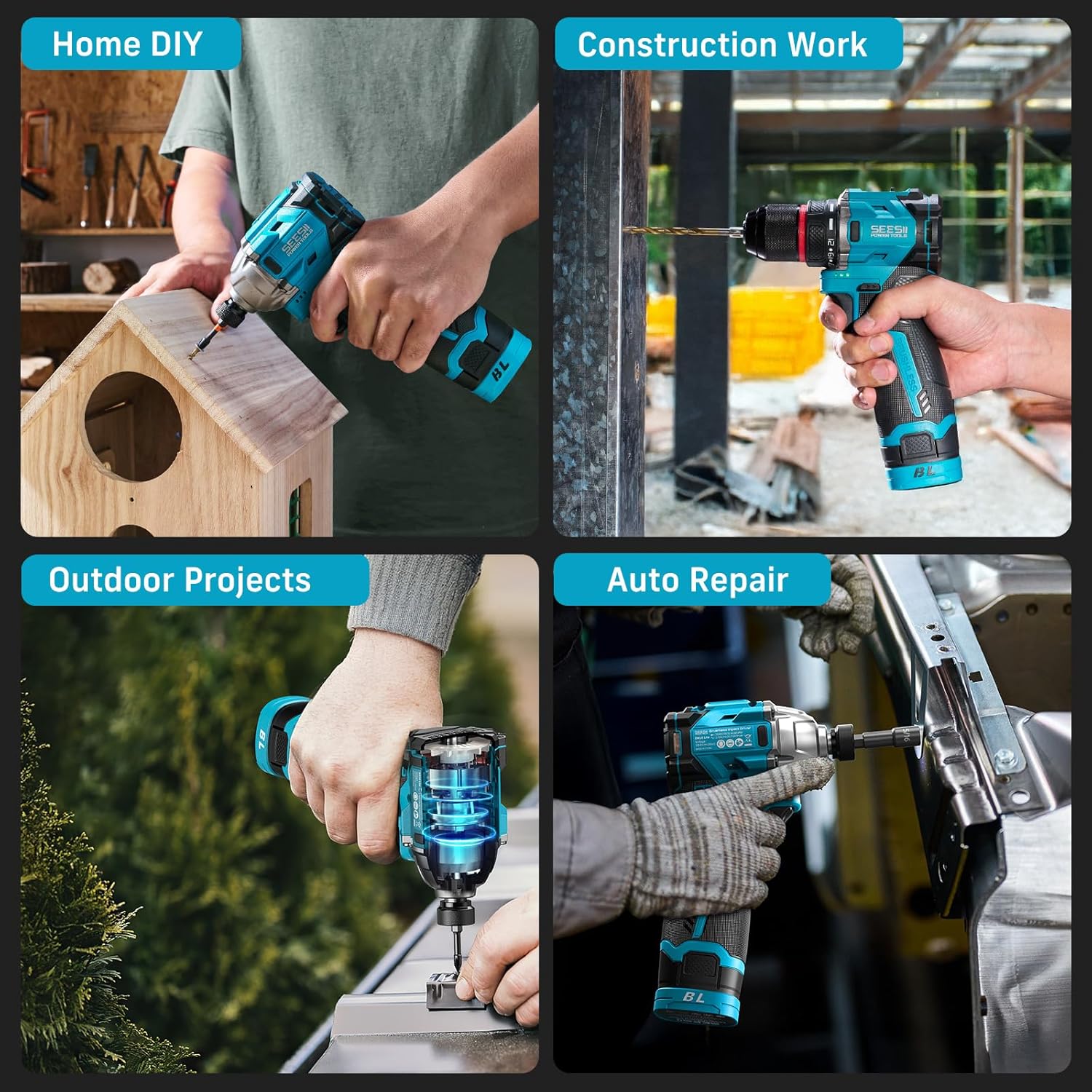 SEESII Cordless Drill Impact Driver 16.8V Brushless Power Tool Combo Kits 2x 2.0Ah Batteries w/Charger, 16-Pc Bits, Tool Bag, 3/8'' Drill & 1/4'' Impact Driver for Home DIY, Woodworking (Blue)