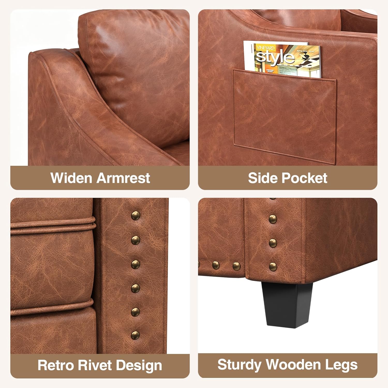 Mid Century Modern Accent Chair, 30 Inches PU Leather Armchairs, Barrel Chair Living Room Chairs Club Chair with Cushion Reading Chair for Bedroom, Apartment, Reading Room, Brown