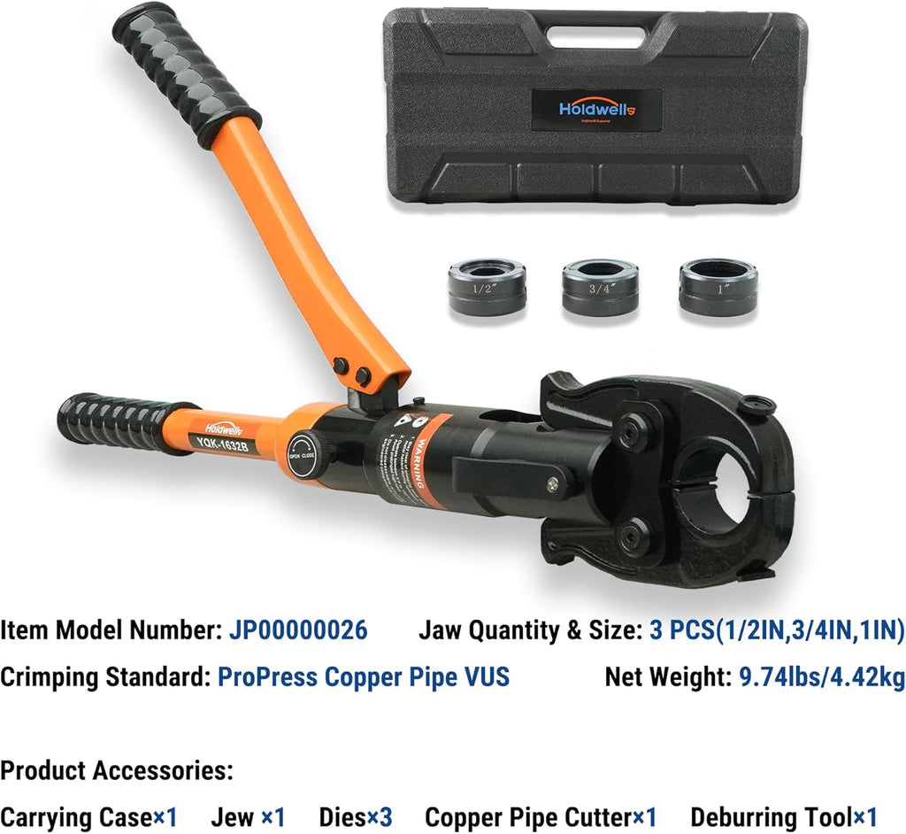 HoldwellS Copper Pipe Crimping Tool 3 VUS Jaws (1/2",3/4",1") for Copper Pipes 360° Rotatable Head with Pipe Cutter & Deburring Tool, Copper Tube for Narrow Space/Tee/Elbow Fittings with Carrying Case