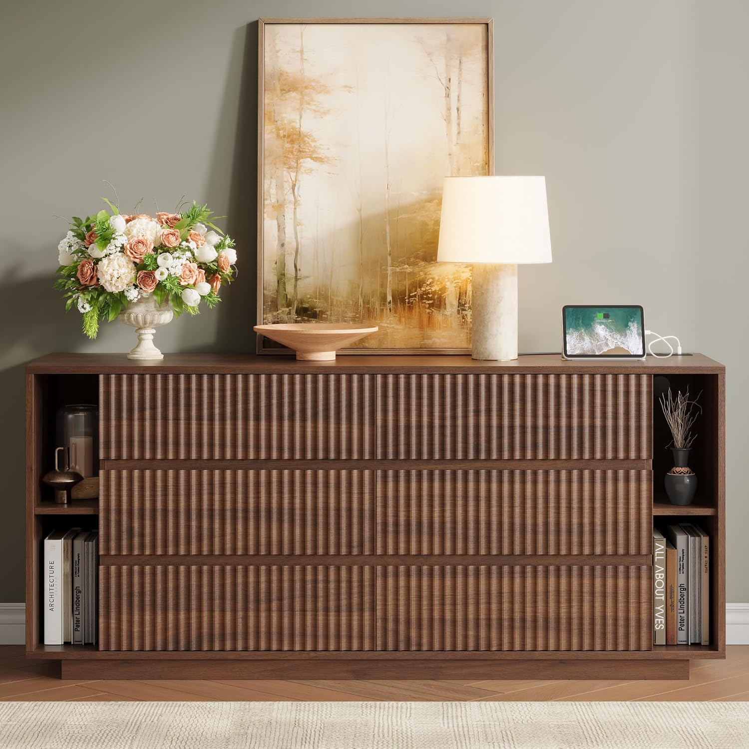 Whalefall 63'' Fluted 6 Drawer Dresser with Shelves, Large Chest of Drawers for Bedroom, Wood Closet Storage Organizer, Modern TV Stand for Living Room, Walnut