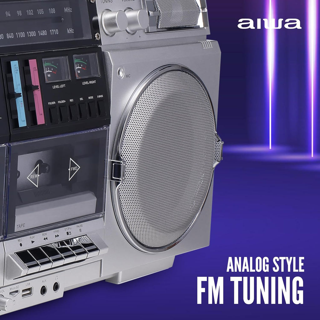 aiwa Retro Boombox CD Player with Cassette Recording  Bluetooth 5.0  FM/AM Radio  USB/SD/AUX Inputs  VU Meters  LCD Display  Dual 40W Speakers - Silver