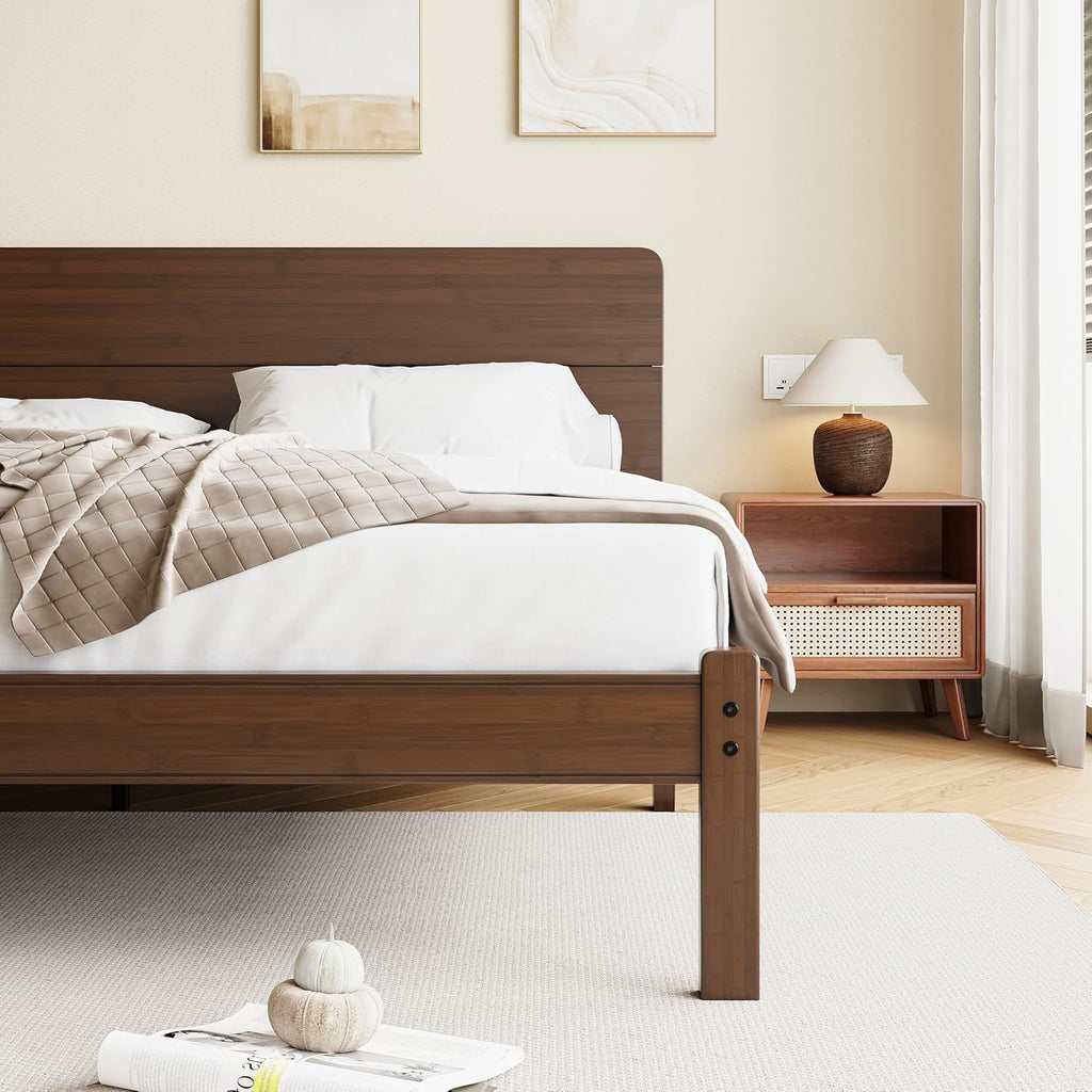 14 Inch High Solid Bamboo Wood Queen Bed Frame with Headboard, Heavy Duty Steel Slat Support, No Box Spring Needed, Easy Assembly