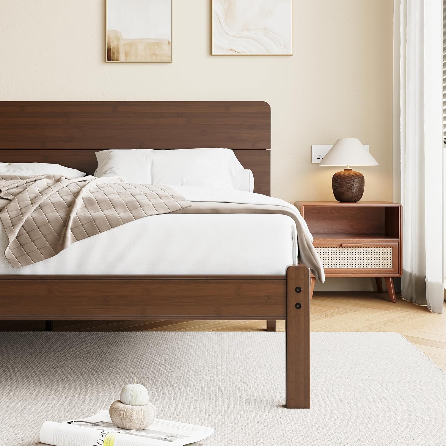 14 Inch High Solid Bamboo Wood Queen Bed Frame with Headboard, Heavy Duty Steel Slat Support, No Box Spring Needed, Easy Assembly