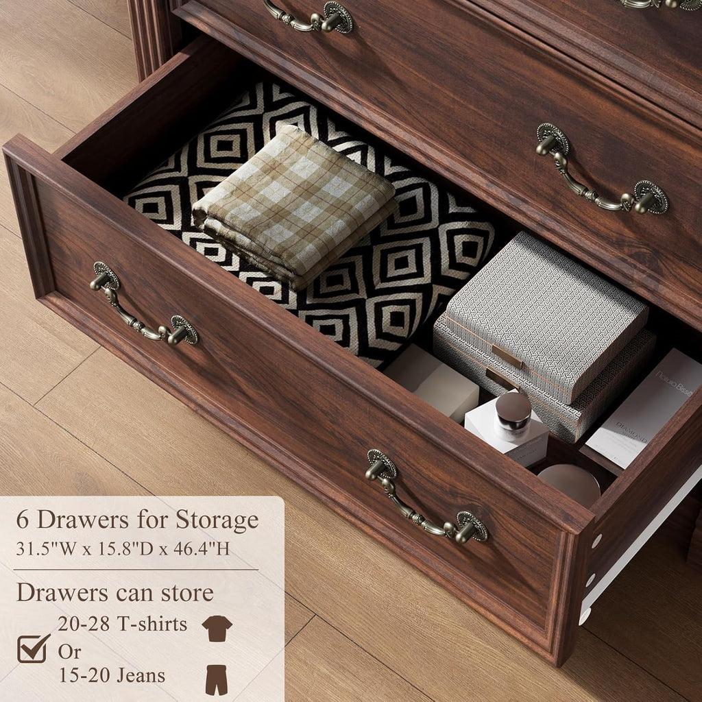 Walnut 6 Drawer Dresser for Bedroom, 47" Tall Dresser, Wood Rustic Chest of Drawers with Chic Wood Pilasters, Dressers Organizer for Bedroom, Hallway, Living Room