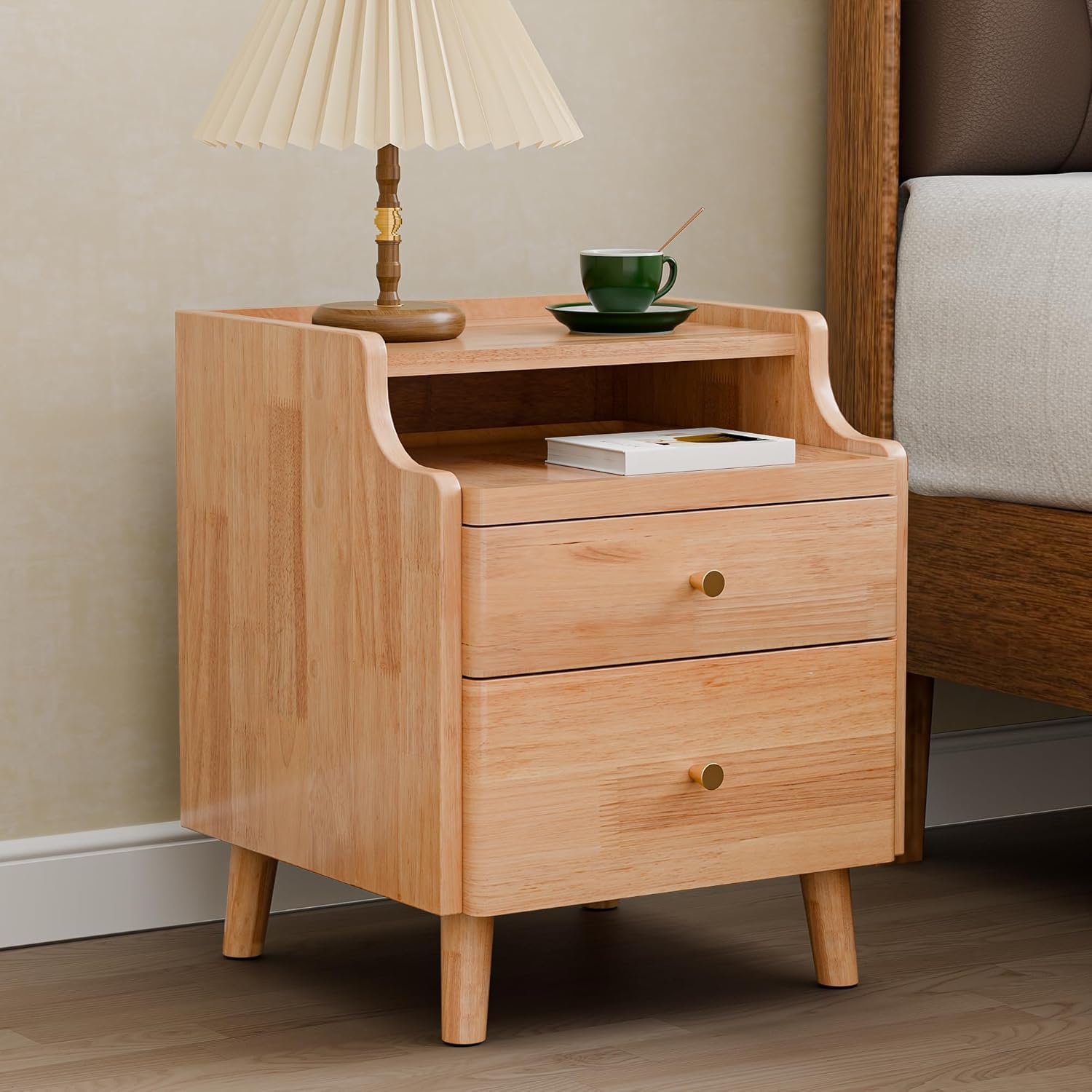 Nightstand Set of 2, Pre-Assembled, 19.7“H Solid Wood Night Stand with 2 Drawers, Open Sliding Shelf, Mid Century Modern Small Bedside Table for Bedroom, Natural Oak 16"