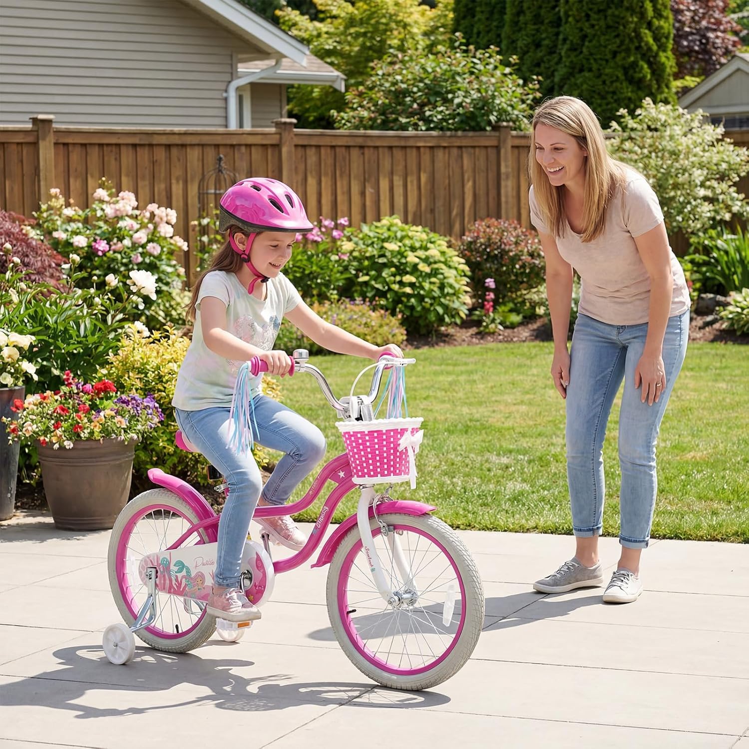 BABY JOY Kids Bike, 12" 14" 16" 18" Mermaid Girls Bike for 3-8 Years Old w/Basket, Training Wheels, Hand & Coaster Brakes, Adjustable Seat & Handlebar, 20" Children Bicycle with Kickstand for 8+