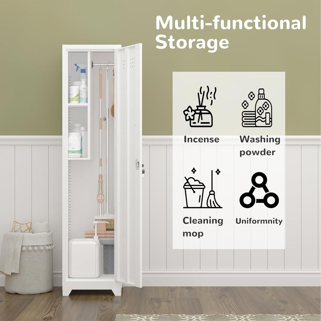 Metal Garage Storage Cabinet,Broom Closet Storage Cabinet,Utility Closet Cabinet for Broom,Garage,Kichen,White