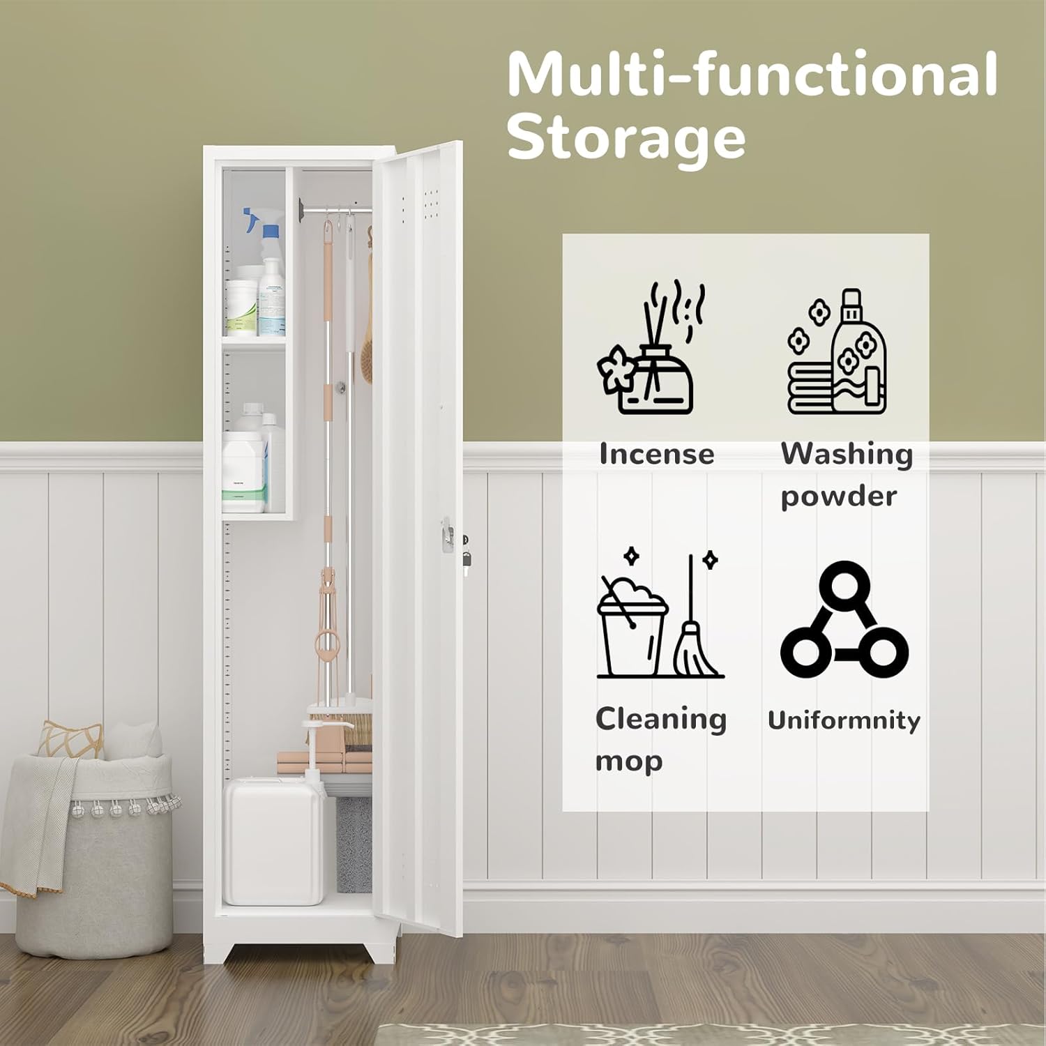 Metal Garage Storage Cabinet,Broom Closet Storage Cabinet,Utility Closet Cabinet for Broom,Garage,Kichen,White