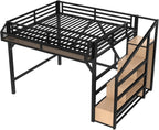 Bellemave Queen Loft Bed with Stairs and Built-in Wardrobe, Metal Loft Bed Frame with Storage Shelves, Heavy Duty Loft Beds with USB Ports and LED Lights for Adults, Boys, Girls, Teens, Natural Wood