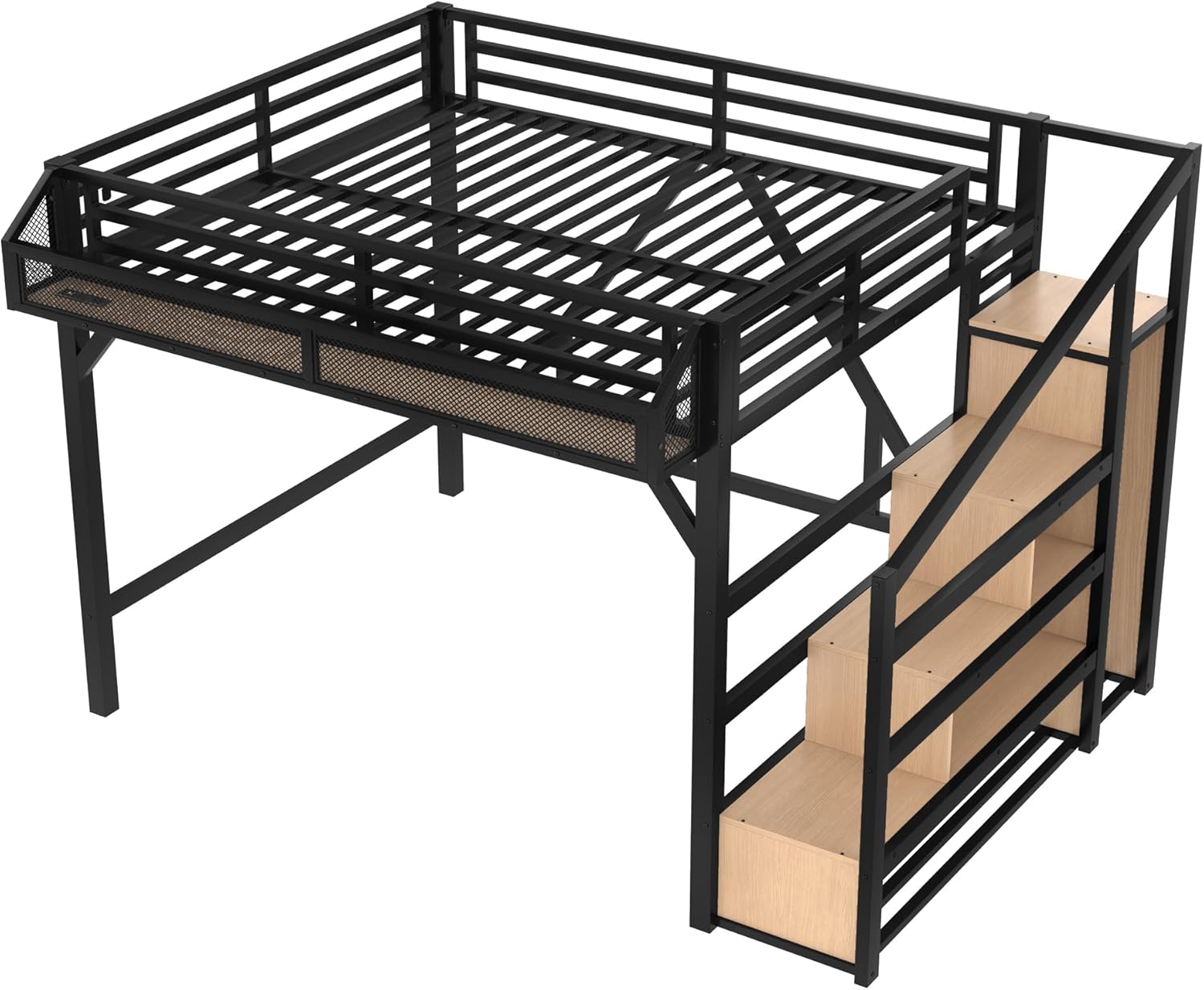 Bellemave Queen Loft Bed with Stairs and Built-in Wardrobe, Metal Loft Bed Frame with Storage Shelves, Heavy Duty Loft Beds with USB Ports and LED Lights for Adults, Boys, Girls, Teens, Natural Wood