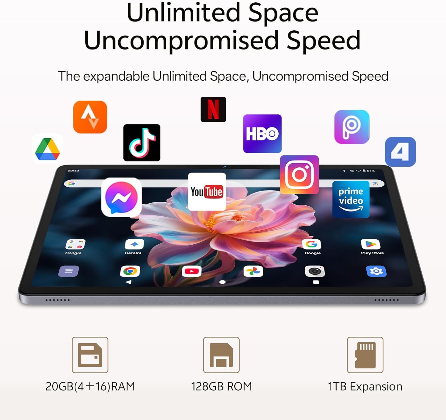 Android 16 Tablet with Keyboard, 11 Inch Tablet with Octa-Core & Gemini AI, 20GB RAM+128GB ROM (1TB Expandable), 13MP+8MP Dual Camera, 8800mAh, Wi-Fi 6, Widevine L1, 2-in-1 with Mouse & Stylus (Gray)