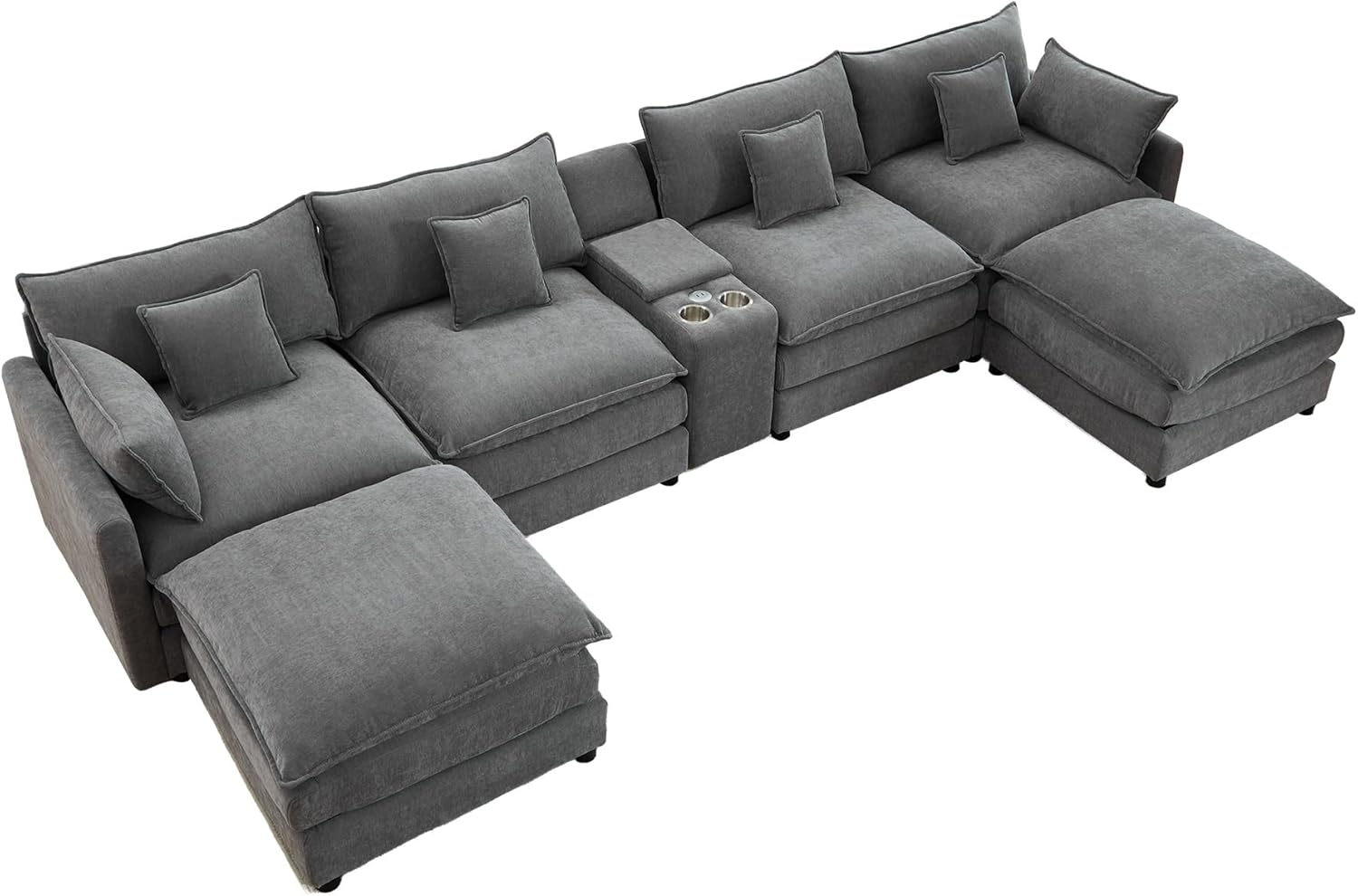 145" Cloud Couch Oversized U Shaped Grey Sectional Couches for Living Room, Big Soft Comfy Fluffy Chenille Couch Sectionals, Modular Sectional Sofa with Ottoman & Central Console
