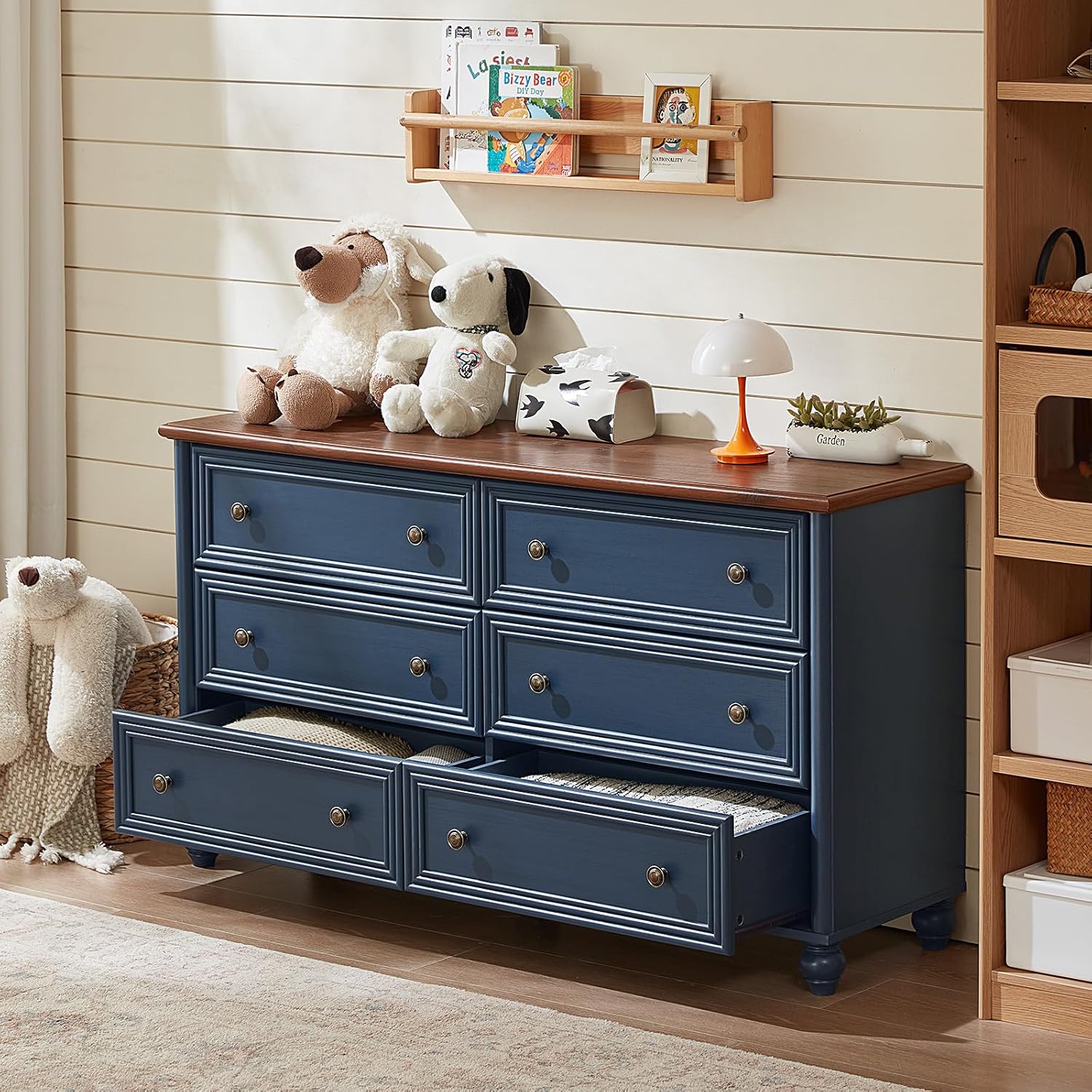 Farmhouse Dresser and Nightstand Sets 4 Piece, Wooden 6 Drawers Dresser & 43.5" Tall Chest of Drawers, 18" Roman Column Nightstand Set of 2, Furniture Dressers for Bedroom, Living Room