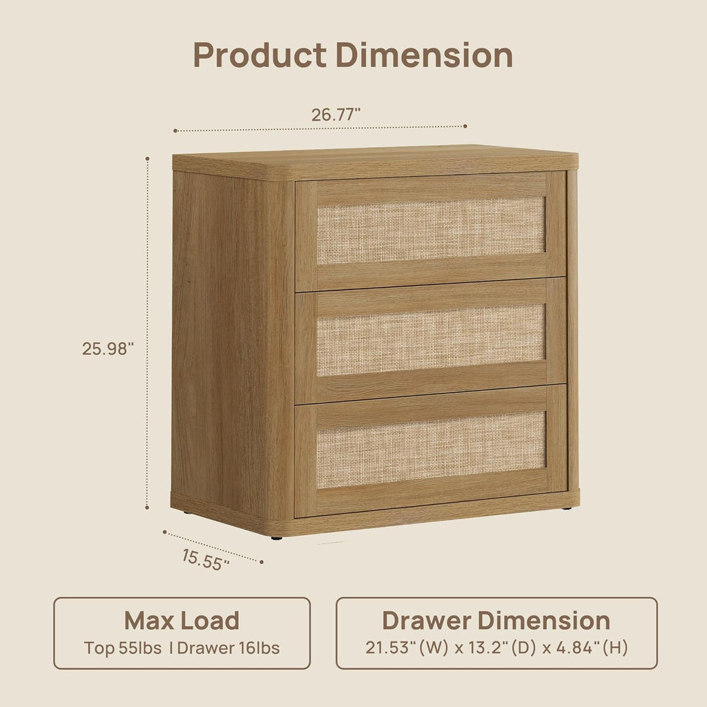 SICOTAS Rattan Nightstand Set of 2, 26.8" Wide Oversized 3 Drawer Night Stands, Boho Bedside End Tables with Push-Close & Kid-Safe Rounded Edge for Bedroom Guest Room Home Office Entryway, Amber Oak
