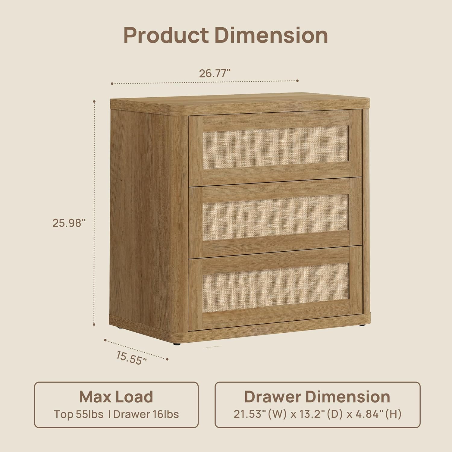 SICOTAS Rattan Nightstand Set of 2, 26.8" Wide Oversized 3 Drawer Night Stands, Boho Bedside End Tables with Push-Close & Kid-Safe Rounded Edge for Bedroom Guest Room Home Office Entryway, Amber Oak