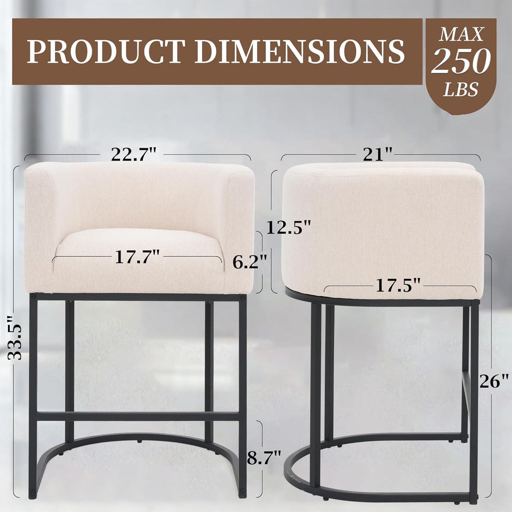 26" Counter Height Bar Stools Set of 3, Linen Fabric Upholstered Kitchen Counter Bar Stools, Modern Barrel Accent Barstools for Island with Backrest and Arms, Black Metal Frames, Linen