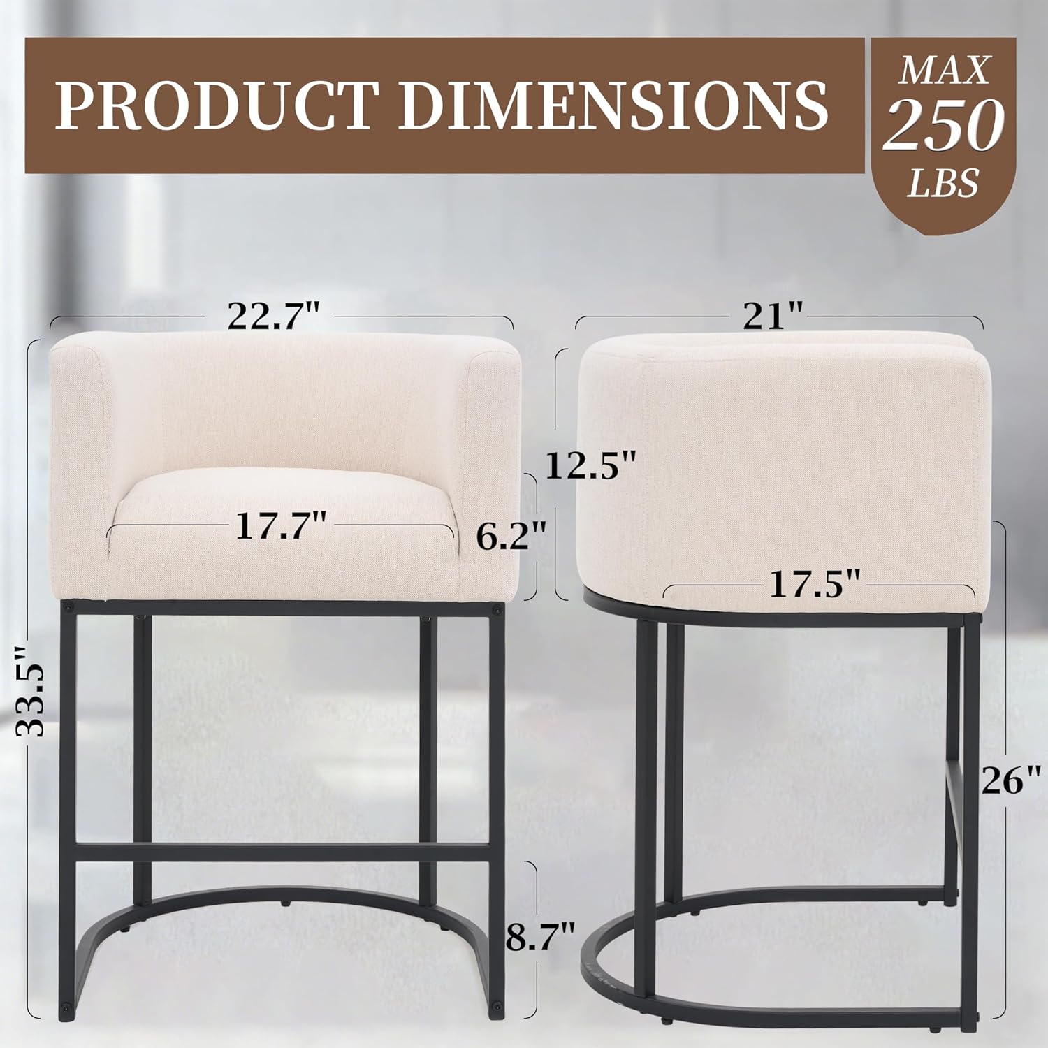 26" Counter Height Bar Stools Set of 3, Linen Fabric Upholstered Kitchen Counter Bar Stools, Modern Barrel Accent Barstools for Island with Backrest and Arms, Black Metal Frames, Linen