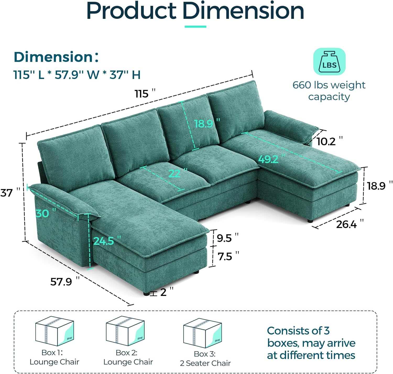 LINSY HOME Cloud Couch Modular Sectional, 115" U Shaped Sofa Couches with Double Chaise, Chenille 4 Seater Sofa Set for Living Room, Apartment, Office, Green