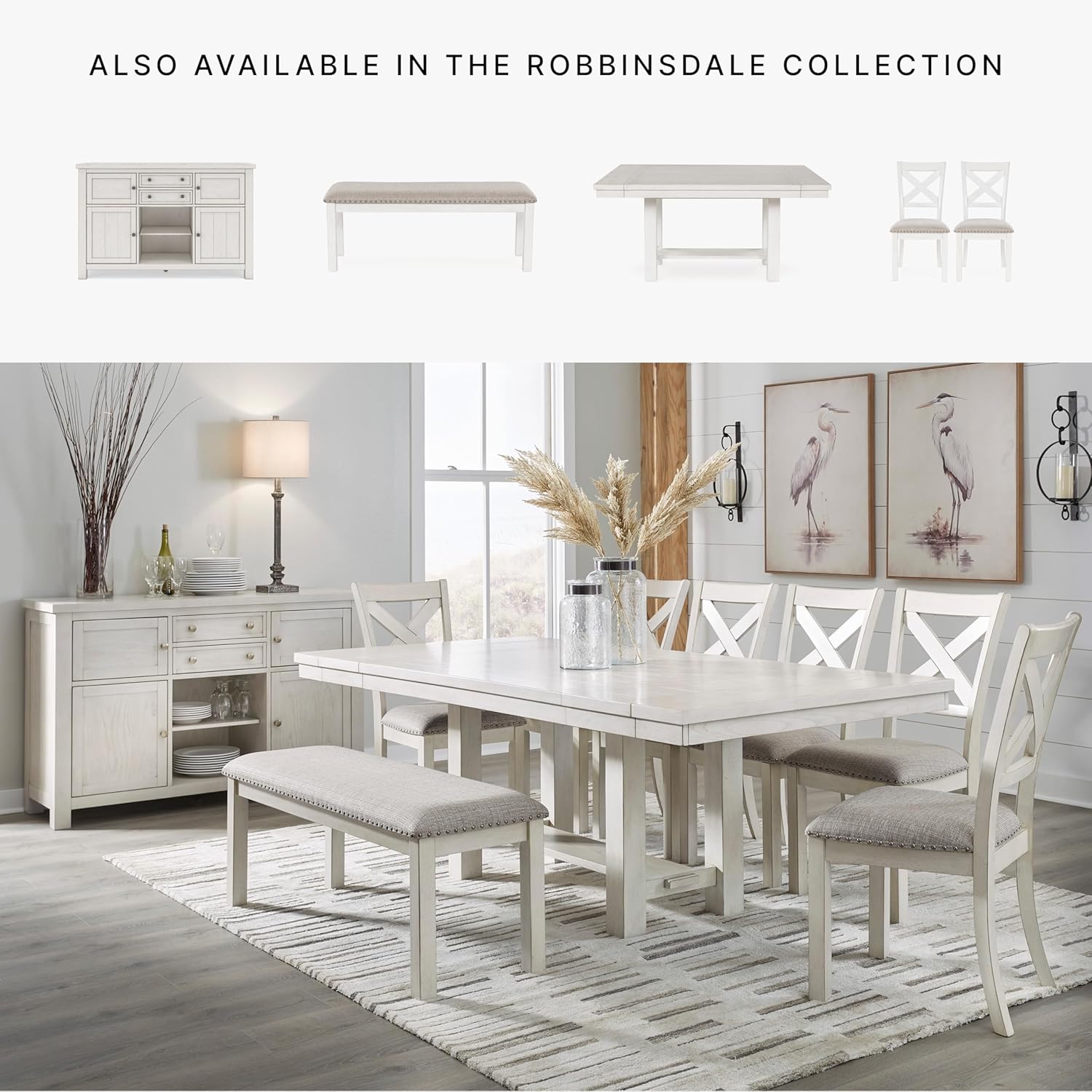Signature Design by Ashley Robbinsdale Casual Removable Center Leaf Dining Extension Table with Trestle Base, Wood, Ash Veneer, Tabletop with Planked Effect, 2 Removable Center Leaves, Seats 8, White
