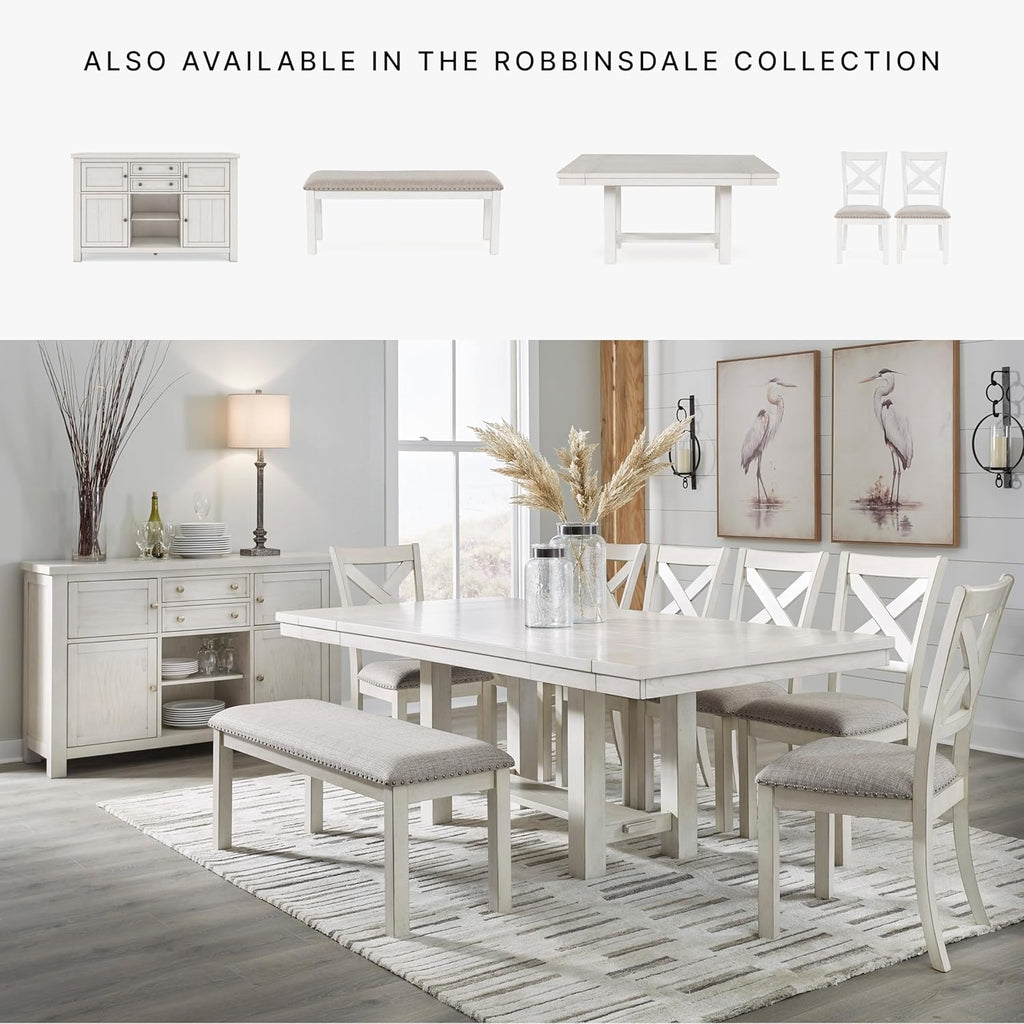 Signature Design by Ashley Robbinsdale Casual Removable Center Leaf Dining Extension Table with Trestle Base, Wood, Ash Veneer, Tabletop with Planked Effect, 2 Removable Center Leaves, Seats 8, White