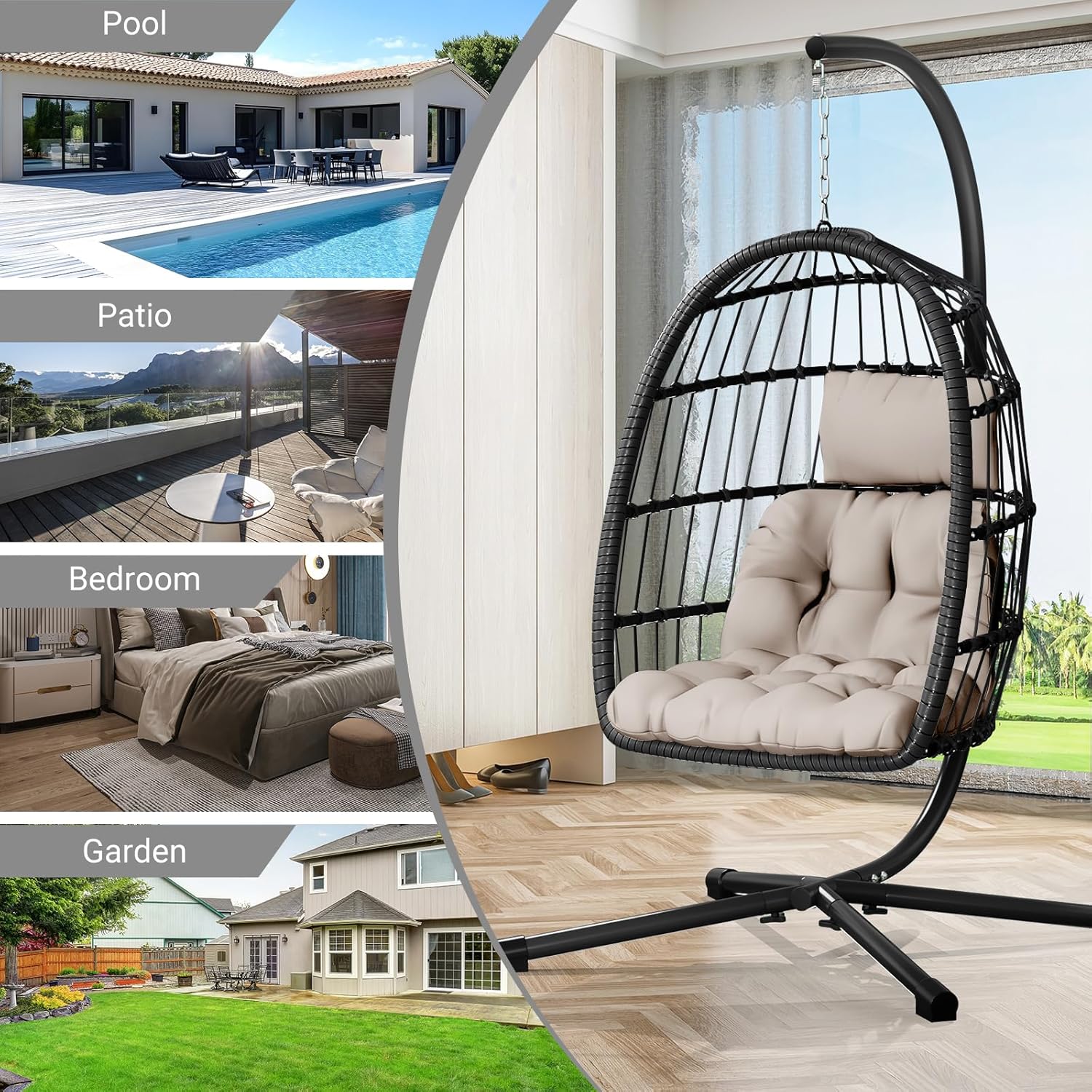 CHABATREE Egg Chair with Stand,Patio Rattan Wicker Hanging Swing Egg Chair Hammock Chair for Bedroom Porch Garden,Thickened Aluminum Alloy Steel Frame and UV Resistant Cushion,350LBS Capacity