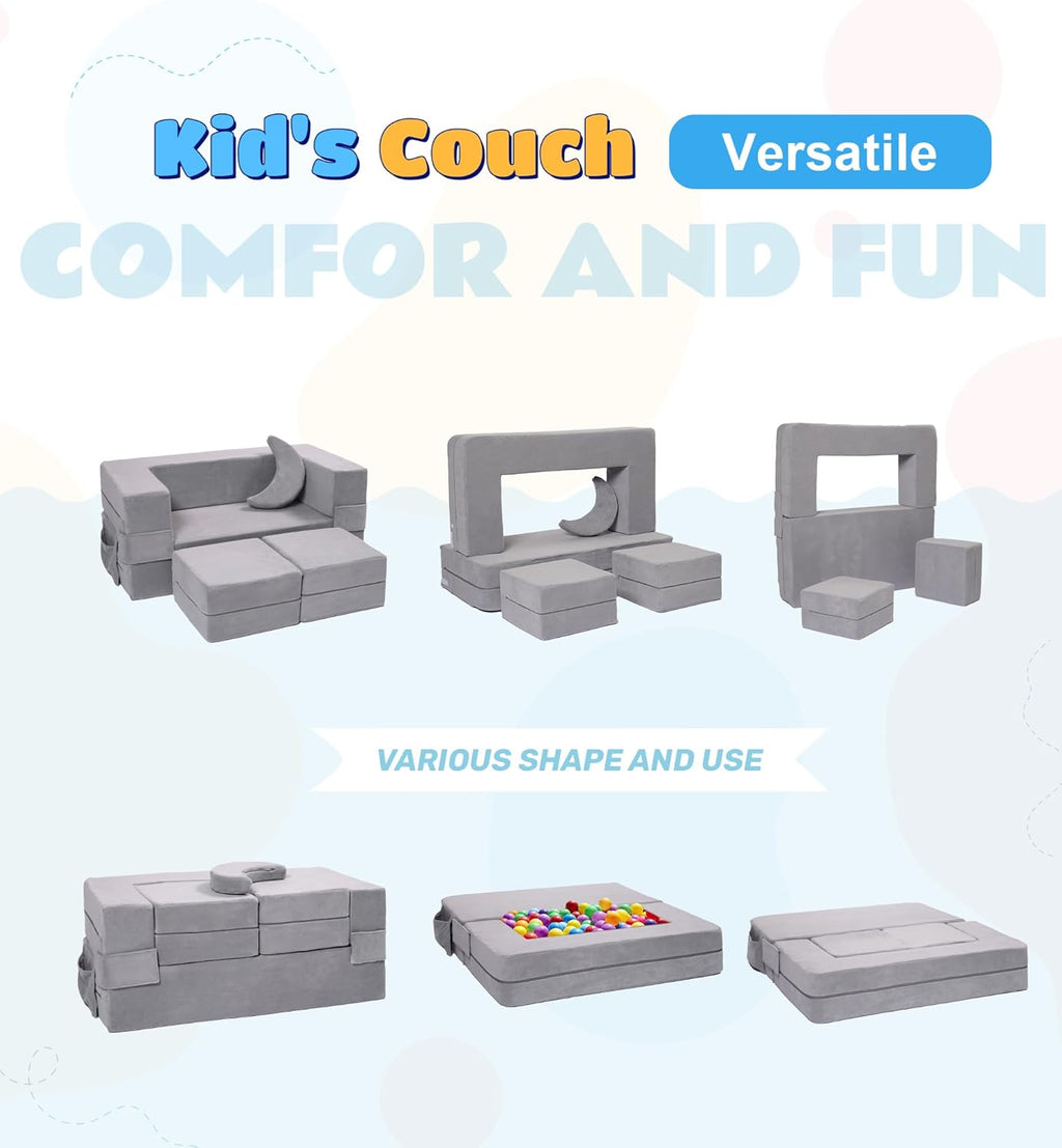 Elftopia Modular Kids Sofa,Toddler Couch Foam Armchair for Kids, Children Convertible Plush Sofa Play Set,Fold Out SofaBed(Grey)