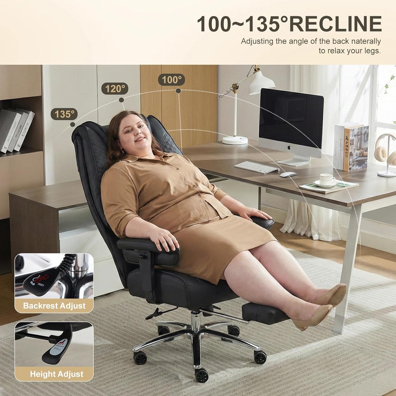 Big and Tall Office Chair 400lbs Wide Seat, Leather High Back Executive Office Chair with Foot Rest, Ergonomic Chairs Lumbar Support for Lower Back Pain Relief (Black)