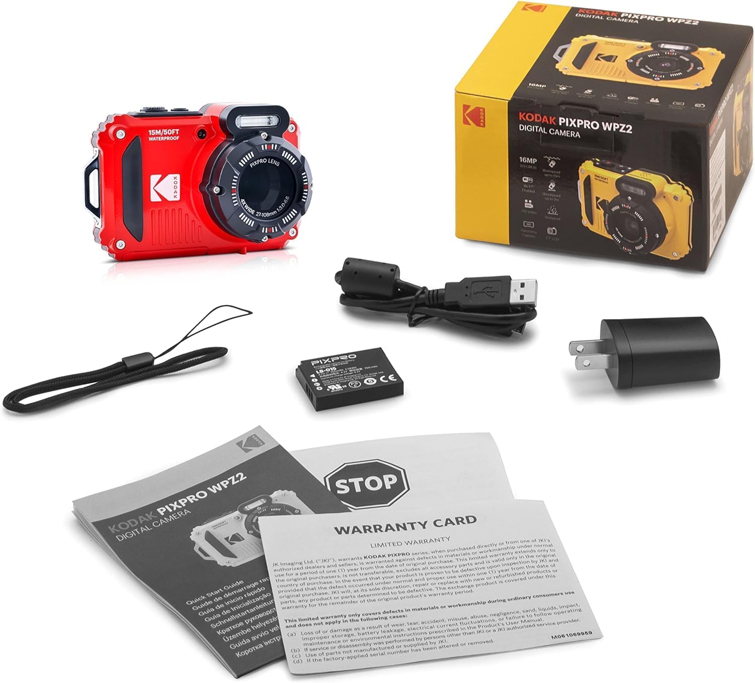 KODAK PIXPRO WPZ2 Rugged Waterproof Digital Camera  Red Bundles with Case  Monopod  Card Reader and More (9 Items)
