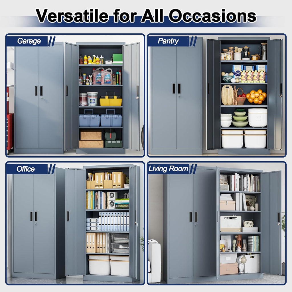 BESFUR Metal Storage Cabinet with 2 Doors and 4 Adjustable Shelves Garage Storage Cabinet with Lock 71" Office Storage Cabinets Locking Cabinets for Garage Office Shop Home (Gray)