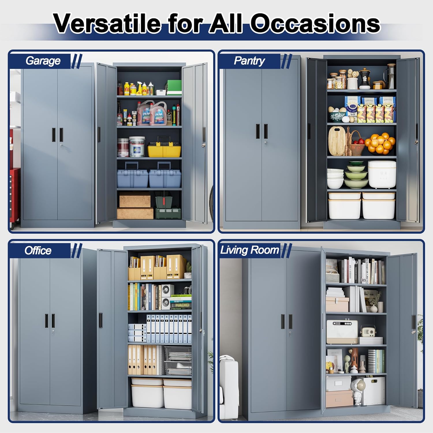 BESFUR Metal Storage Cabinet with 2 Doors and 4 Adjustable Shelves Garage Storage Cabinet with Lock 71" Office Storage Cabinets Locking Cabinets for Garage Office Shop Home (Gray)