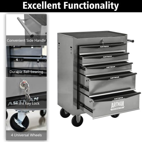 Iron-Top Rolling Tool Chest with Lockable Wheels and Side Handles, 7-Drawer Tool Storage Cabinet with Ball Bearing for Garage, Repair Shop, Required Assembly, Large Storage Capacity (Iron, 5-Gray)