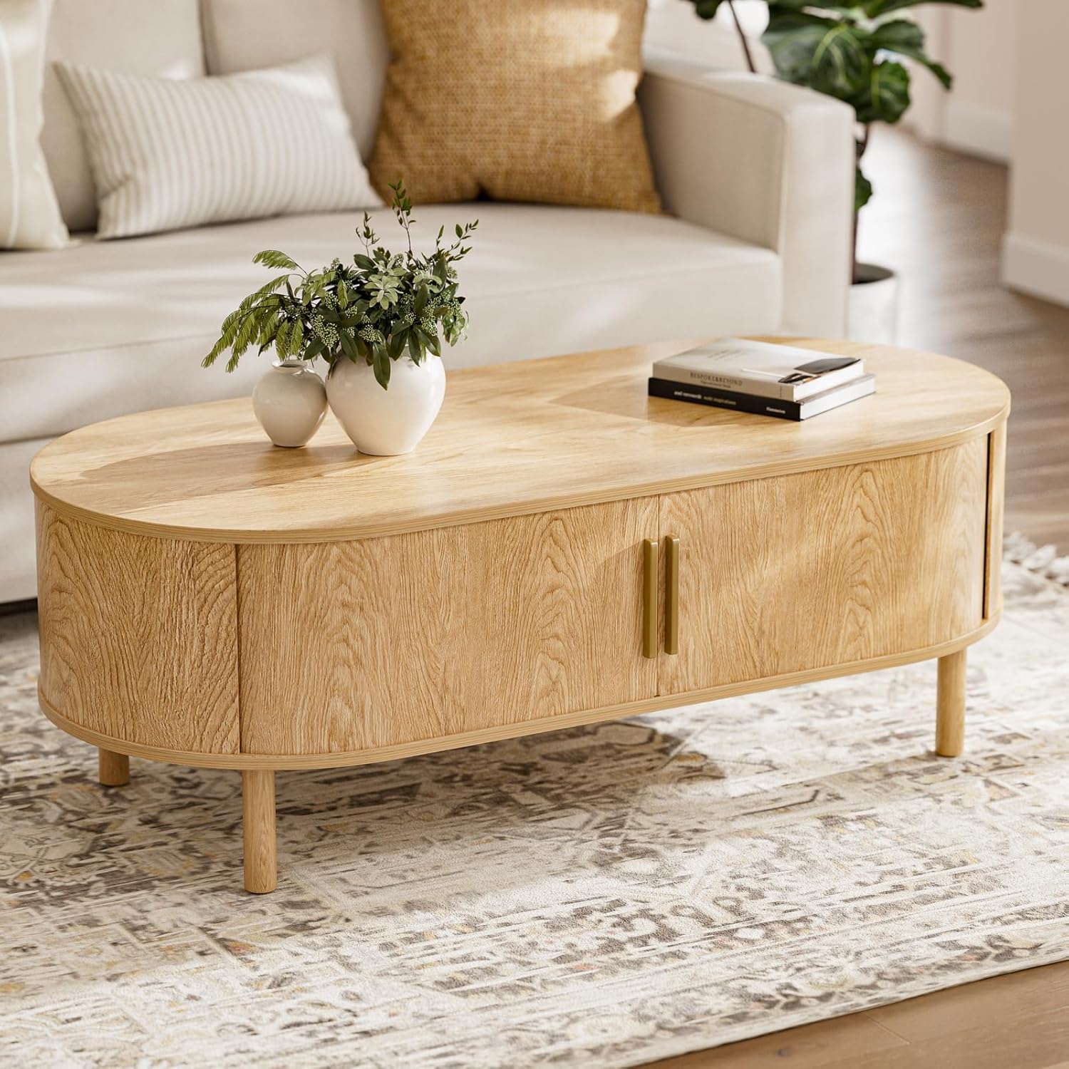 ZttRiee Coffee Table for Living Room, Modern Oval Coffee Table with Cabinets & Sliding Doors, Home Small Space, 47.2" Fluted Center Table, Natual